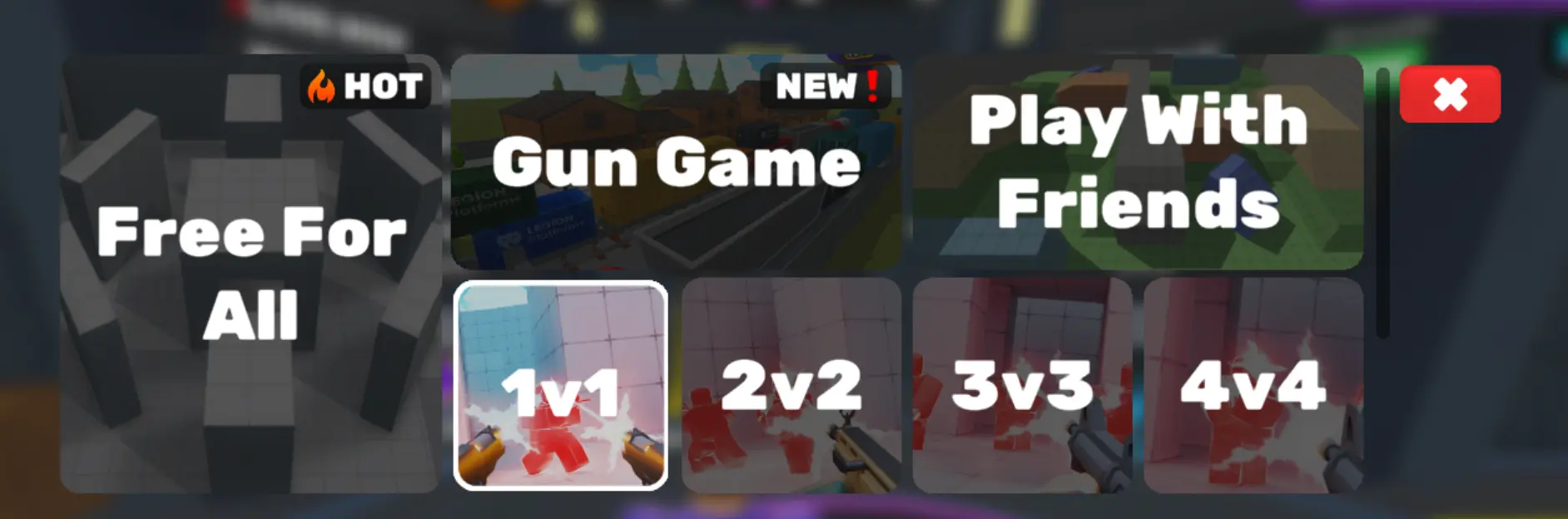 Veck IO mode selection screen with Free For All, Gun Game, team modes, and Play With Friends